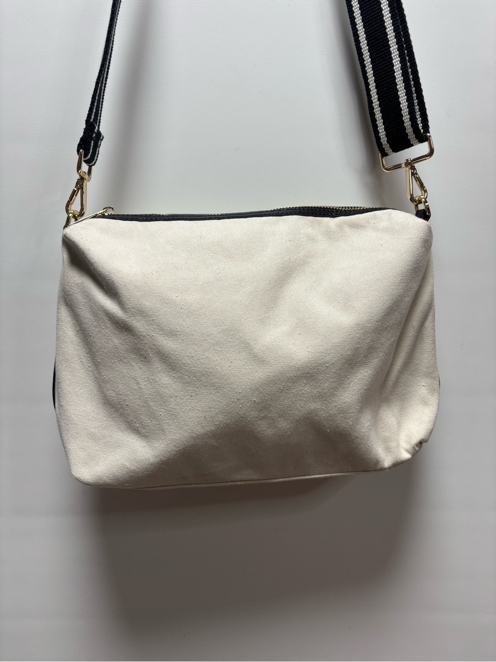Cream cotton & leather Crossbody Bag with Black Stripe Adjustable Strap